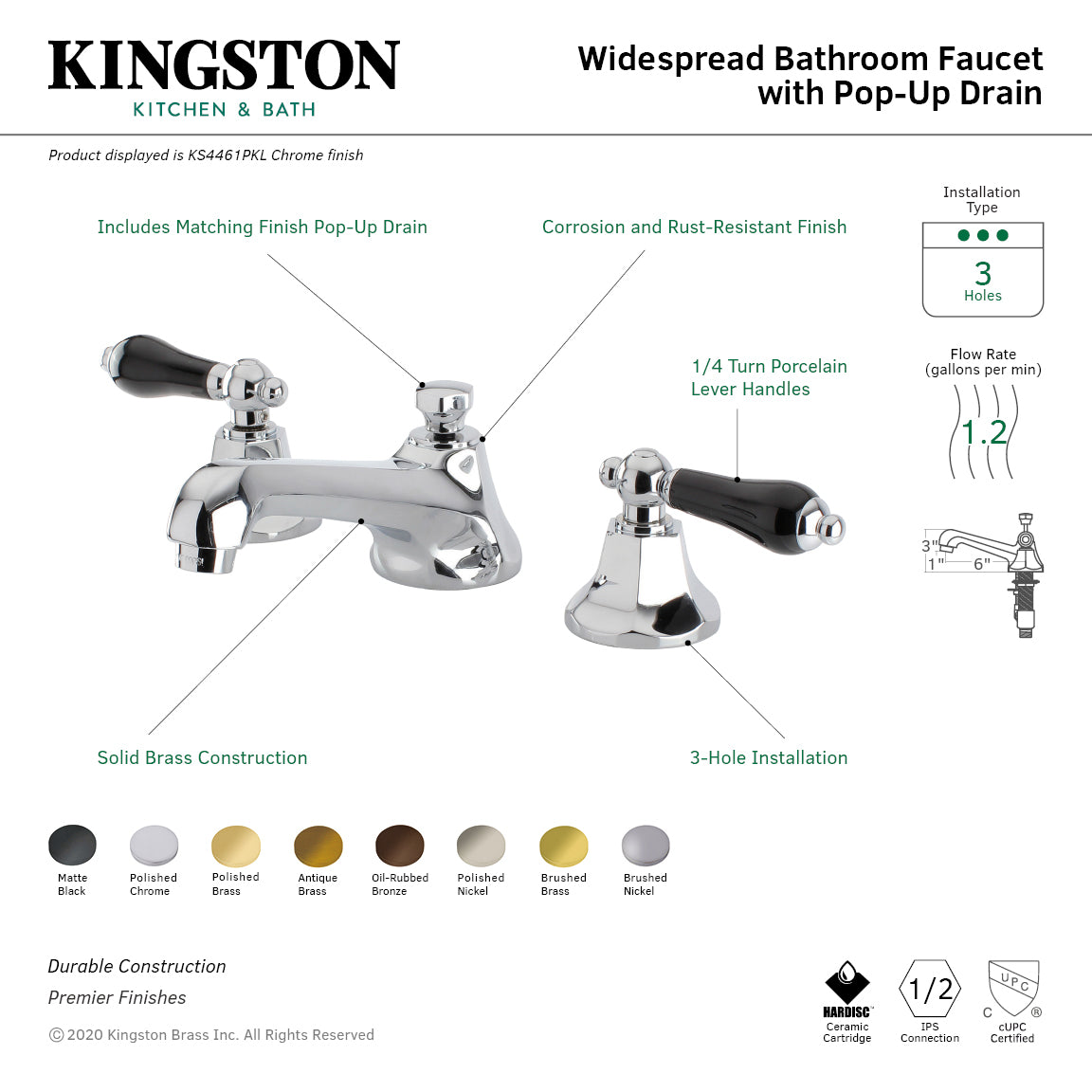 Kingston Tulare KS4461PKL - Duchess Two-Handle 3-Hole Deck Mount Widespread Bathroom Faucet with Brass Pop-Up, Polished Chrome — thumbnail 3